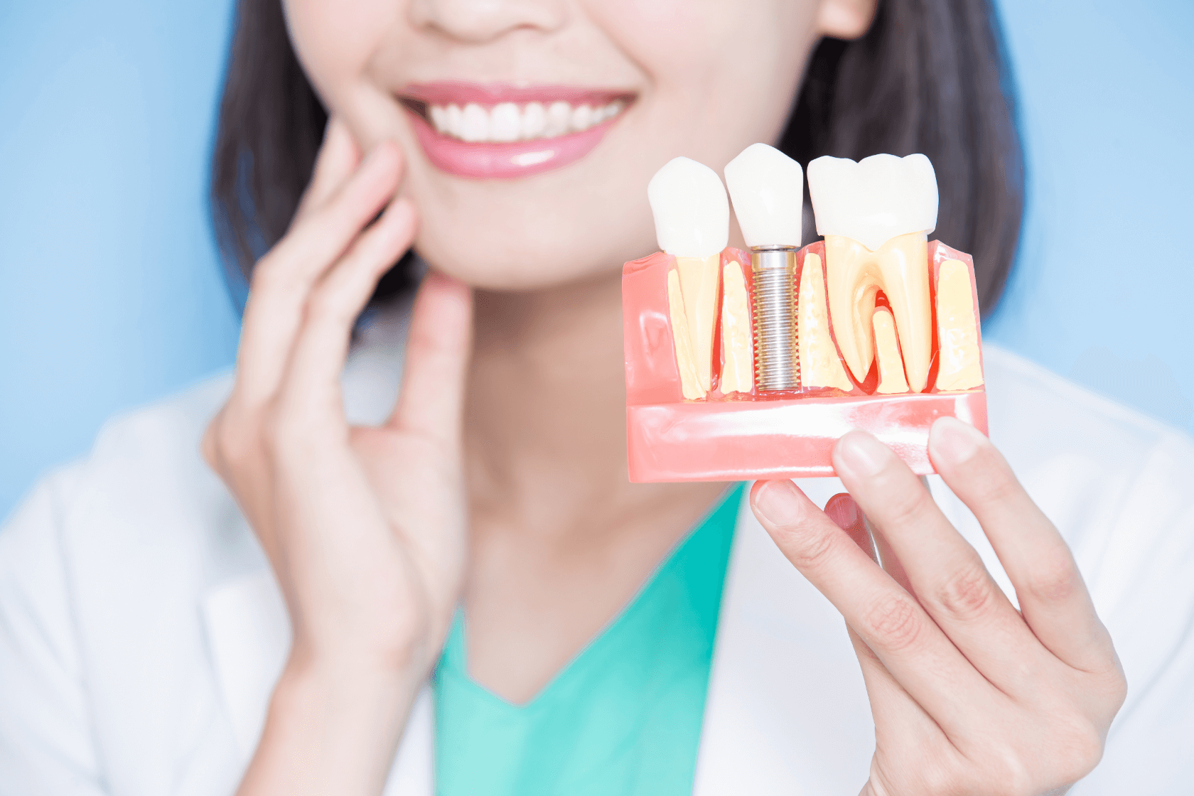 Doktorka držící model zubů a dásně s ukázkou zubního implantátu